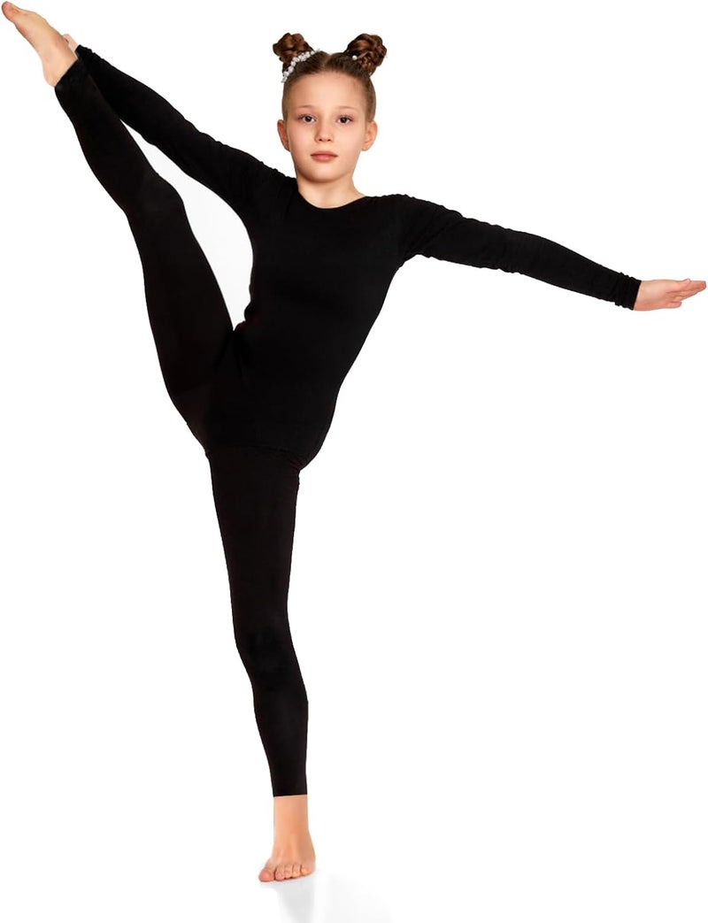 Goaste Girls Full Body Long Sleeve Unitard, One Piece Girls Black Catsuit, Scoop Neck Gymnastics Ballet Dance Bodysuits - Image 1